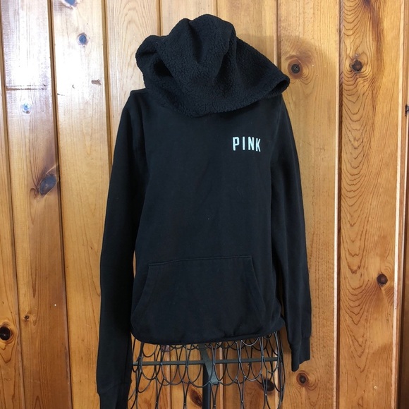 PINK Victoria's Secret sweatshirt partial sherpa small Black fuzzy sweatshirt​​ - Picture 1 of 4
